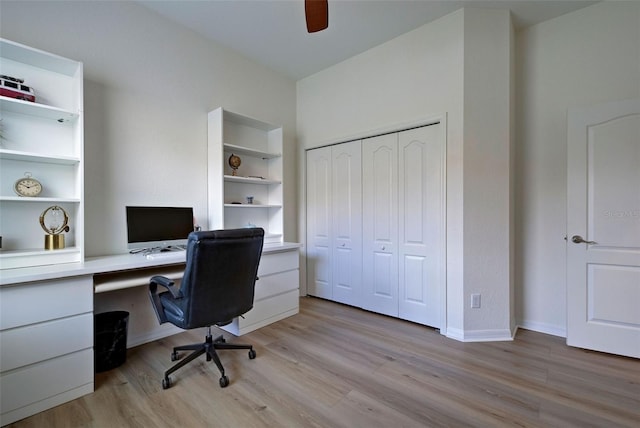 office area featuring ceiling fan and light hardwood / wood-style floors