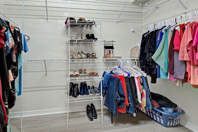 walk in closet with hardwood / wood-style floors