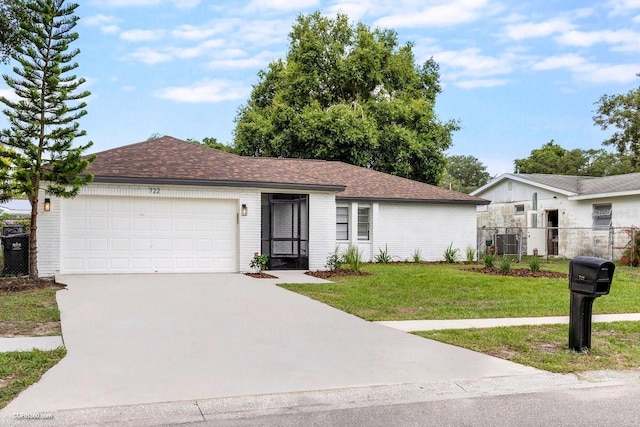 single story home with a garage and a front yard