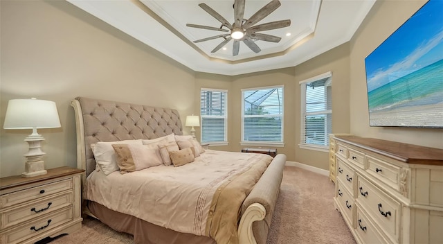 bedroom featuring a raised ceiling, recessed lighting, crown molding, baseboards, and light colored carpet