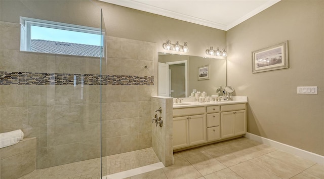 bathroom with tile patterned floors, ornamental molding, a walk in shower, a sink, and baseboards