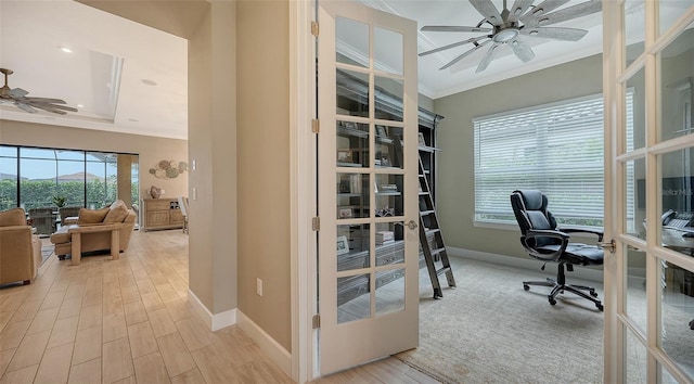 office featuring french doors and ornamental molding