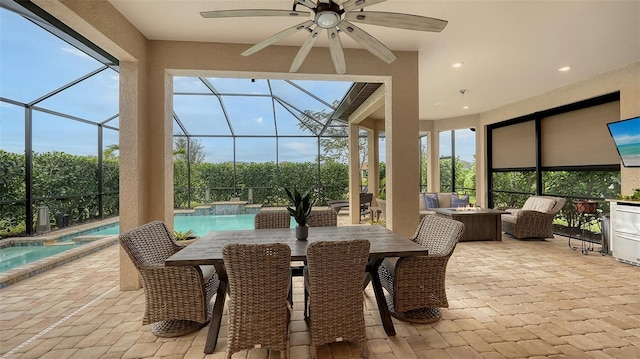 sunroom with ceiling fan and a pool