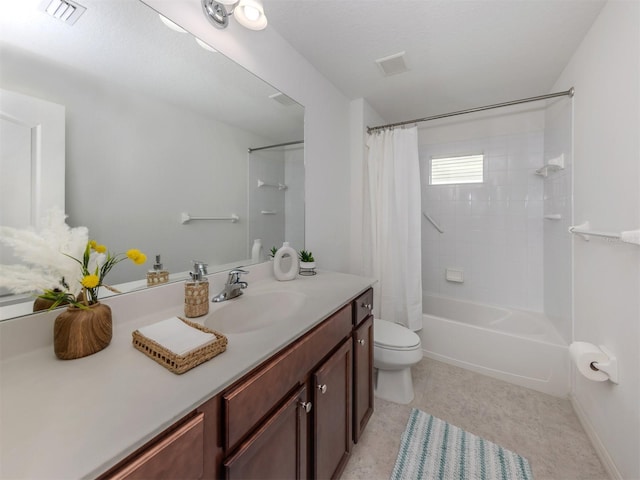 full bathroom with vanity, toilet, and shower / bathtub combination with curtain