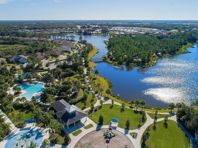 drone / aerial view with a water view