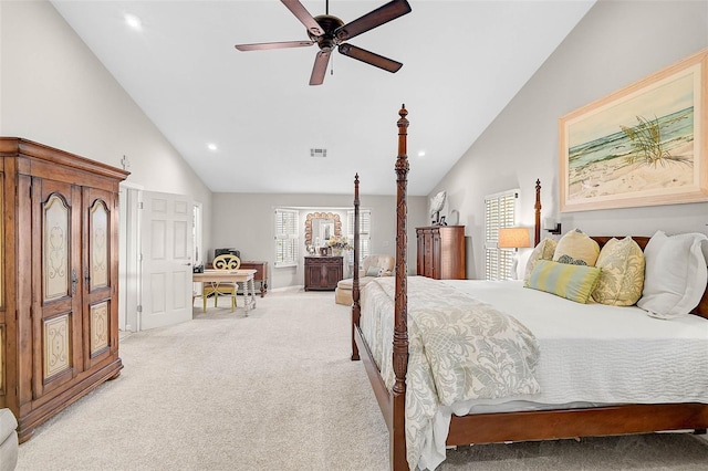 bedroom with ceiling fan, high vaulted ceiling, recessed lighting, light carpet, and visible vents