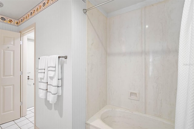 full bathroom featuring shower / bath combination with curtain and tile patterned flooring