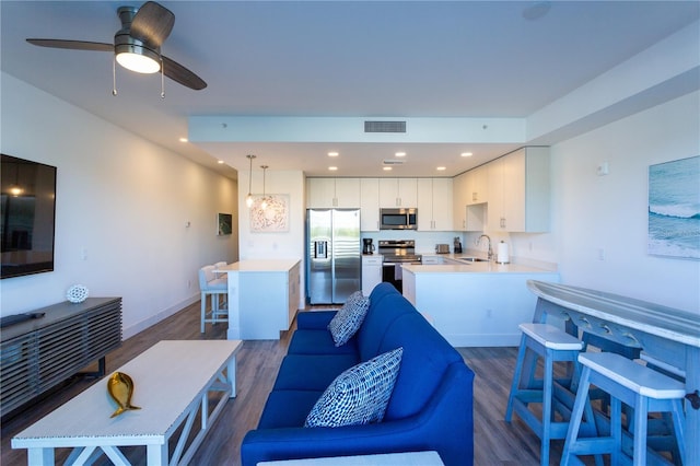 living room with ceiling fan, dark hardwood / wood-style flooring, and sink