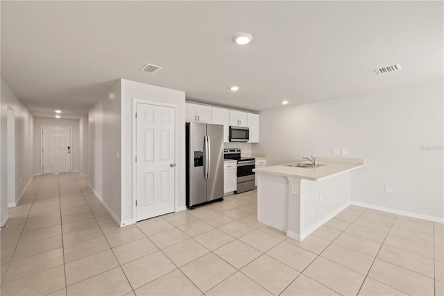 kitchen featuring sink, light tile patterned floors, kitchen peninsula, white cabinets, and appliances with stainless steel finishes