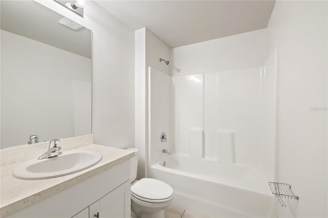 full bathroom featuring bathtub / shower combination, tile patterned floors, vanity, and toilet