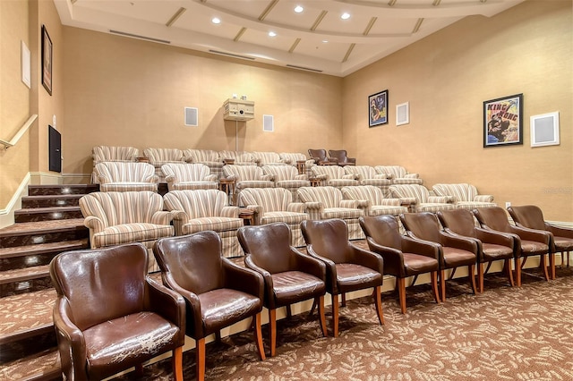 cinema with recessed lighting, visible vents, carpet floors, and coffered ceiling