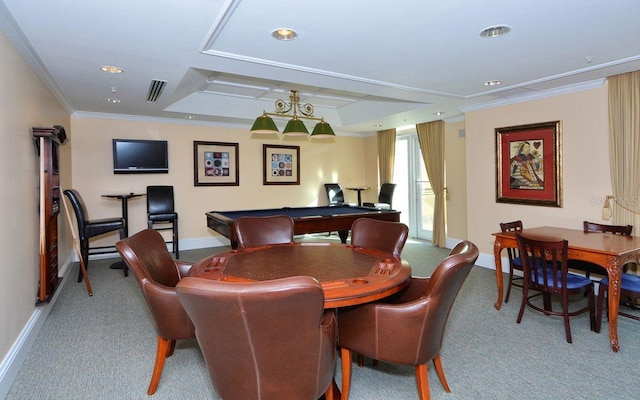 carpeted dining room with recessed lighting, visible vents, baseboards, and ornamental molding