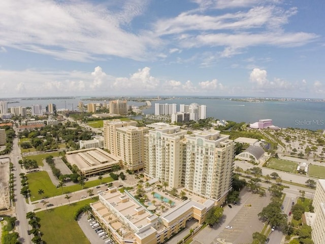 aerial view with a water view and a city view