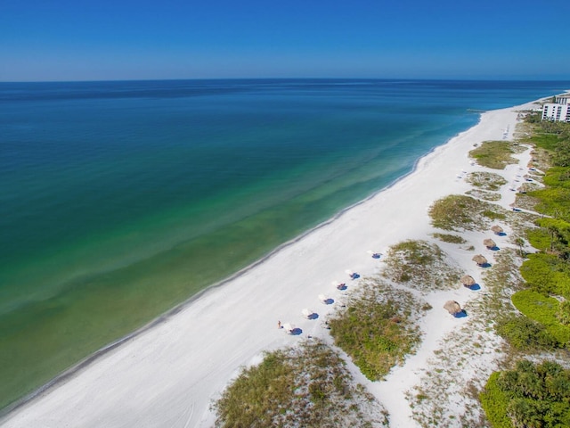 drone / aerial view with a view of the beach and a water view