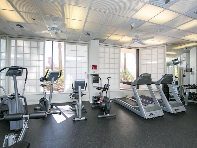 exercise room featuring a paneled ceiling and ceiling fan