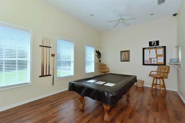 playroom featuring dark hardwood / wood-style floors, ceiling fan, and pool table