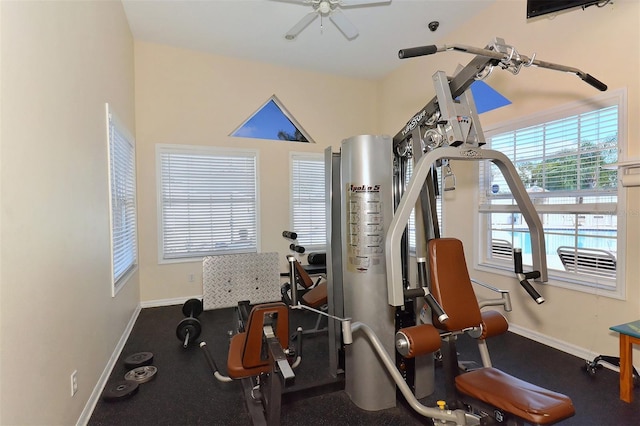 workout room featuring ceiling fan