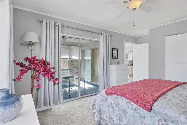 carpeted bedroom featuring ceiling fan, ornamental molding, and access to outside