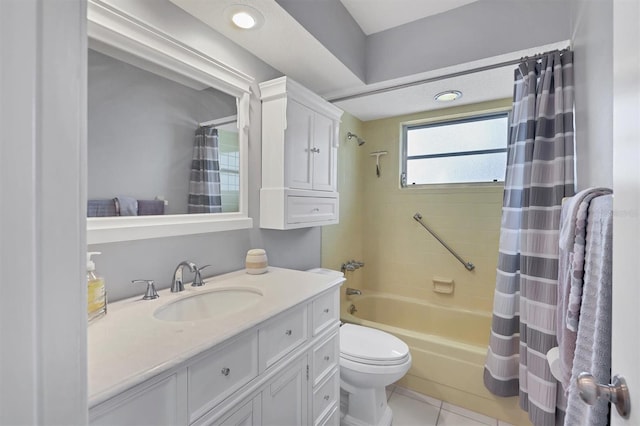 full bathroom featuring vanity, tile patterned flooring, shower / bathtub combination with curtain, and toilet