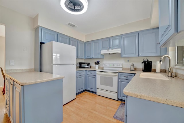 kitchen with sink, blue cabinets, white appliances, and light hardwood / wood-style flooring