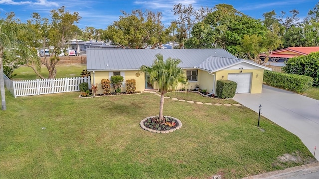 ranch-style house with a front yard and a garage