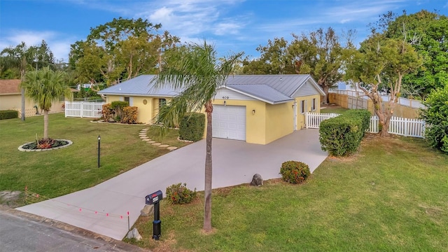 single story home featuring a garage and a front lawn