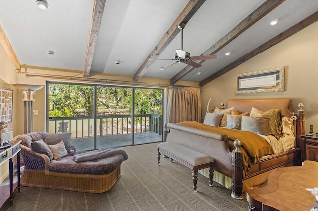 carpeted bedroom featuring access to exterior, lofted ceiling with beams, and ceiling fan