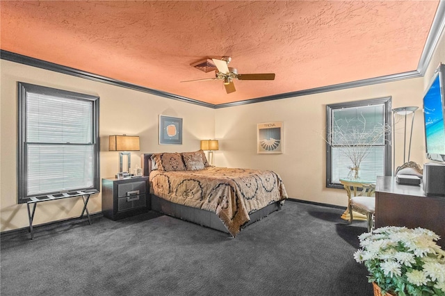 carpeted bedroom featuring ceiling fan, ornamental molding, and a textured ceiling