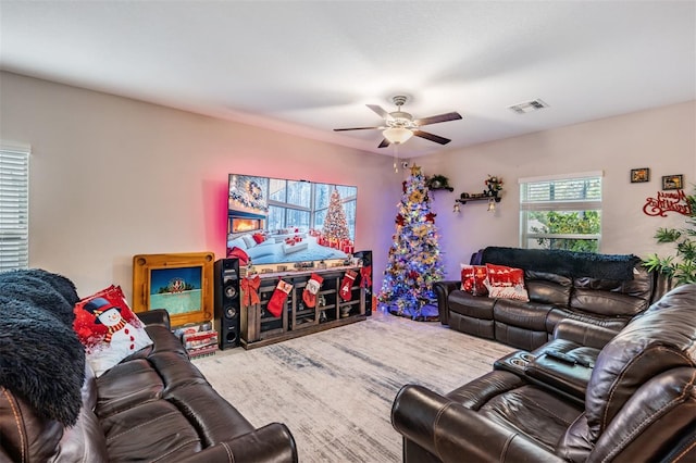 living room featuring ceiling fan