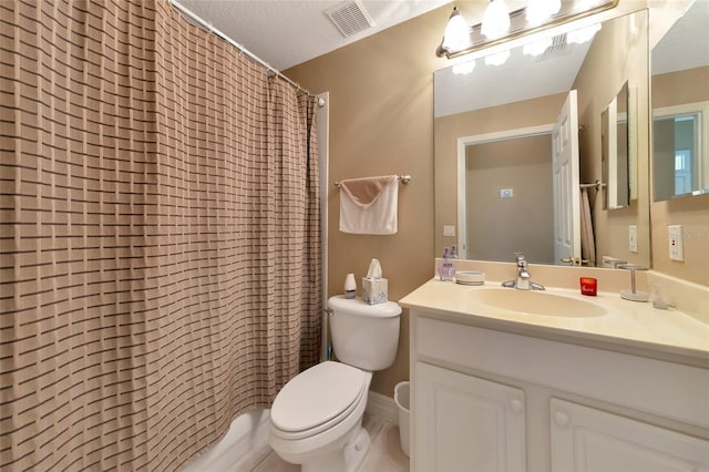 full bathroom featuring vanity, shower / bath combination with curtain, a textured ceiling, and toilet