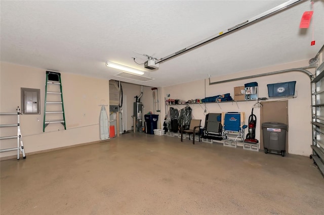 garage featuring electric panel, water heater, and a garage door opener