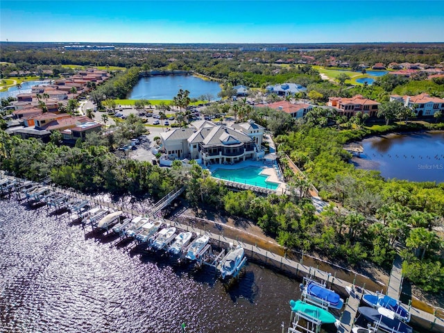 aerial view featuring a water view