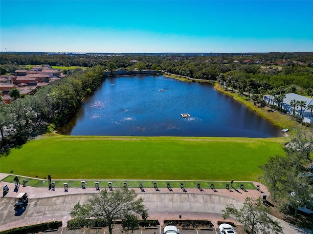 birds eye view of property with a water view