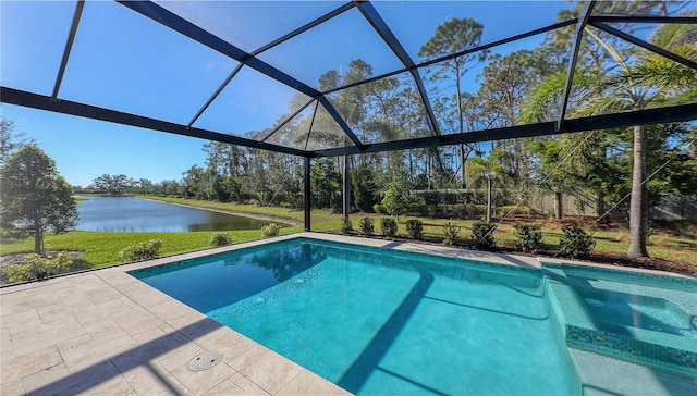 view of swimming pool with a lanai, a water view, and a patio