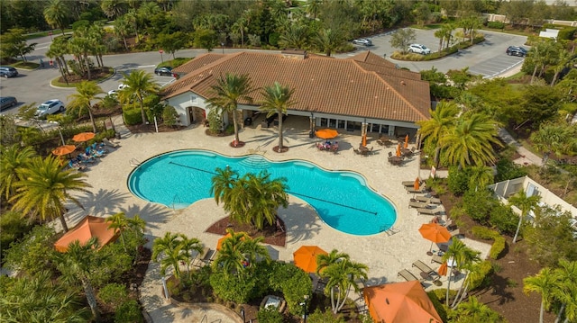 view of swimming pool featuring a patio area