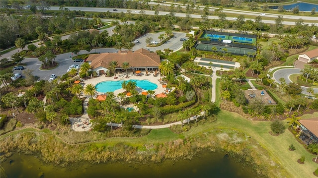 bird's eye view with a water view