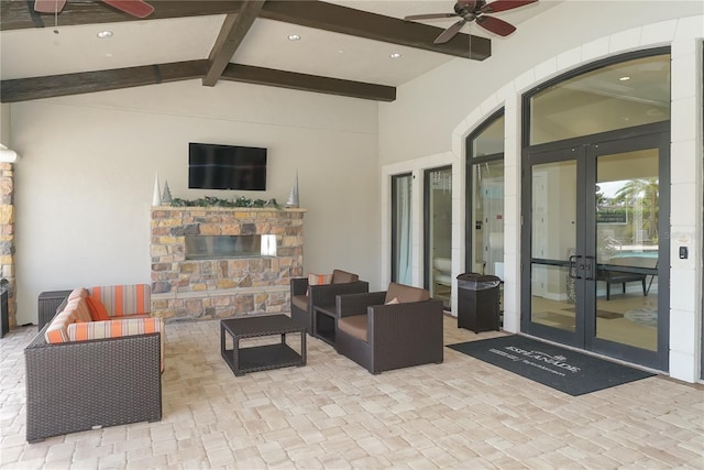 view of patio / terrace featuring outdoor lounge area, french doors, and ceiling fan