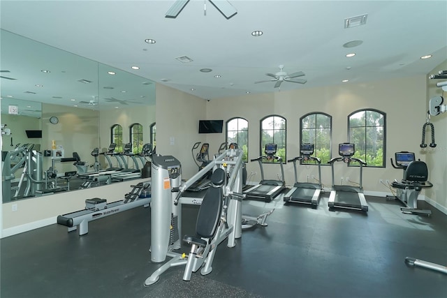 exercise room with ceiling fan