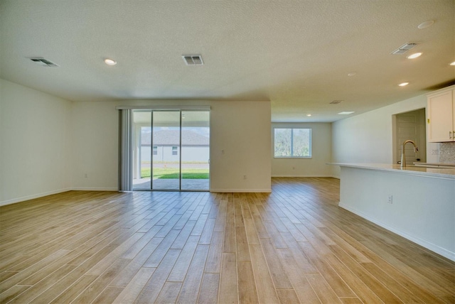 empty room featuring a textured ceiling, light hardwood / wood-style flooring, and sink