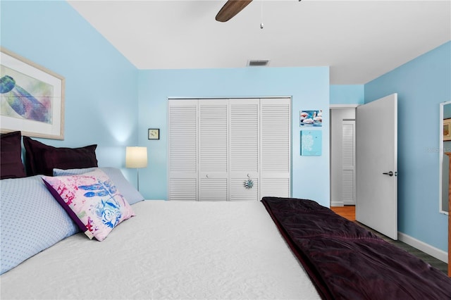 bedroom with a closet and ceiling fan