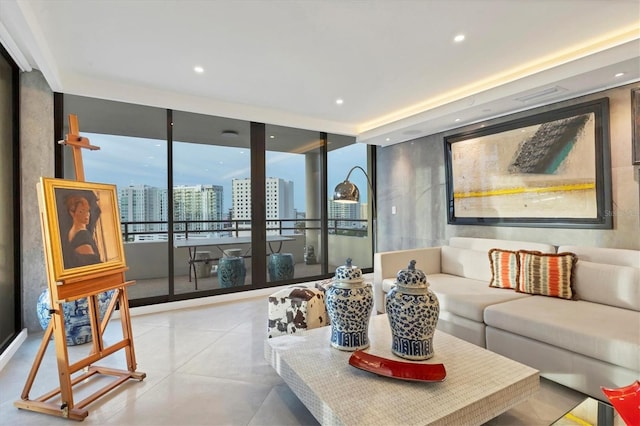 1255 N Gulfstream Ave Unit Ph1501, Sarasota, FL 34236 - tiled living room with recessed lighting, floor to ceiling windows, and a city view