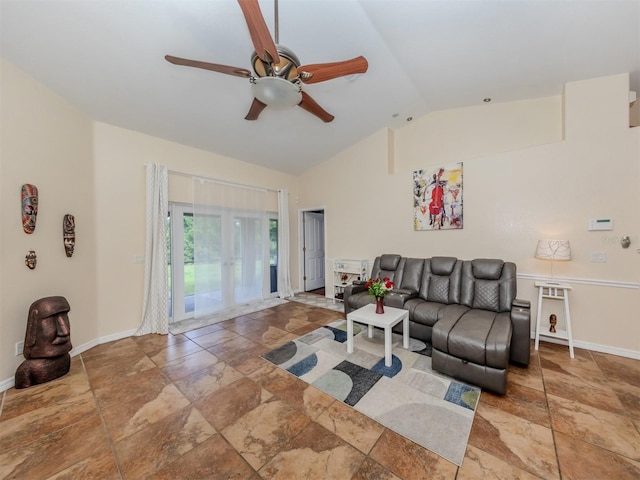 living room featuring ceiling fan and lofted ceiling