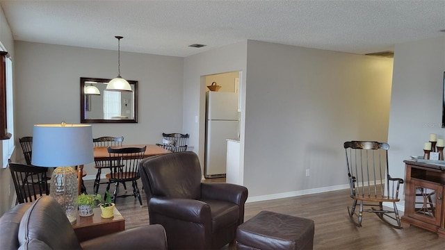 living room featuring wood-type flooring and a textured ceiling