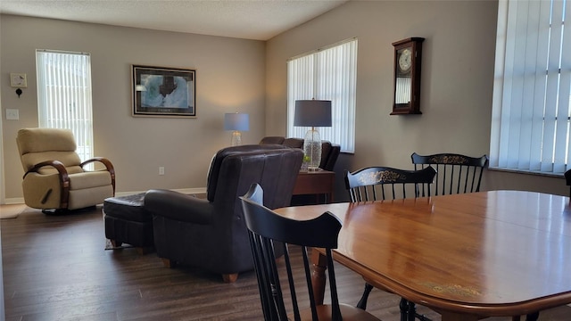 dining room with a textured ceiling, dark hardwood / wood-style flooring, and a healthy amount of sunlight