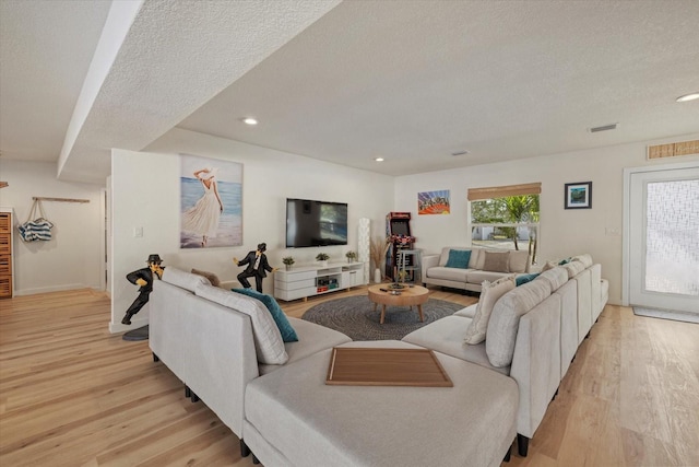 living room featuring plenty of natural light, a textured ceiling, and light hardwood / wood-style floors