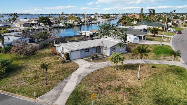 bird's eye view with a water view