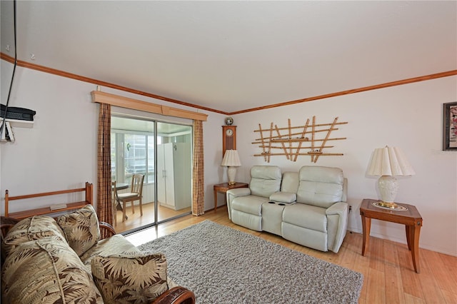 living room with crown molding and light wood-type flooring