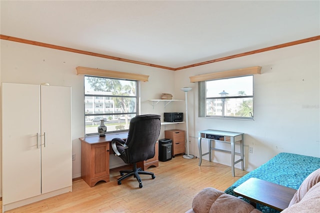 office with light wood-type flooring and ornamental molding