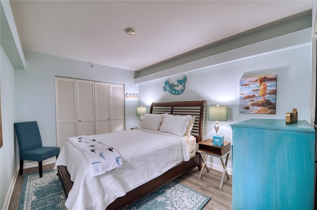 bedroom with wood-type flooring and a closet