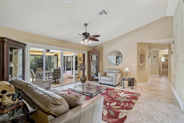 living room with ceiling fan, light tile patterned flooring, and vaulted ceiling